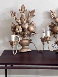 A unique French set of wooden wall sconces/lamps.