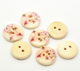 Hout knoopje met roze bloemen en vlinders. 15 mm