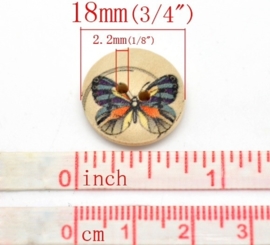 Hout knoopje met vlinder. 18 mm per st. € 0,15