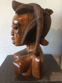 Large African ethnic tribal carved hardwood bust with bone inlay Queen