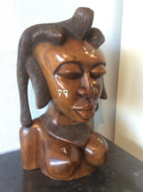 Large African ethnic tribal carved hardwood bust with bone inlay Queen