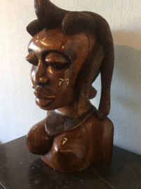 Large African ethnic tribal carved hardwood bust with bone inlay Queen