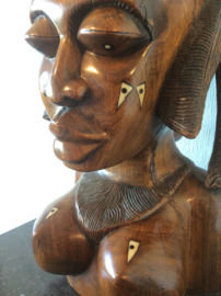 Large African ethnic tribal carved hardwood bust with bone inlay Queen