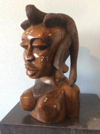 Large African ethnic tribal carved hardwood bust with bone inlay Queen