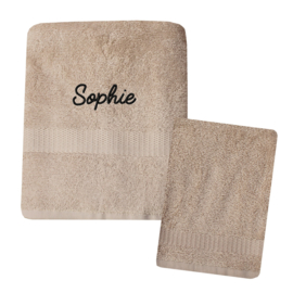 Handdoek geborduurd met naam + washandje - Taupe