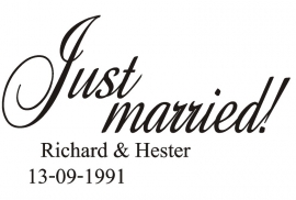 Sticker 'Just Married!' met namen en datum