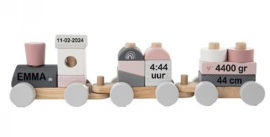 Label-label Houten treintje roze met gegevens naar wens