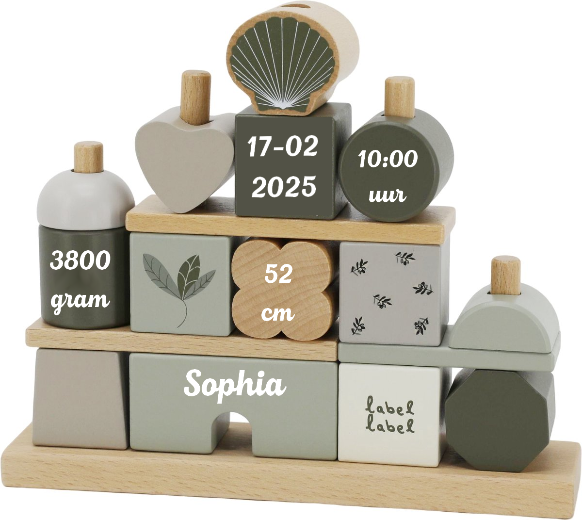 Label-label Houten stapelhuisje olive green met gegevens naar wens