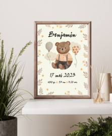 Poster beertje met ballonnen nature met naam