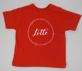 T shirt korte mouw rood mt 74-80 met naam