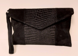Leather Design clutch/gelegenheidstas suède art. 1482 Croco - zwart