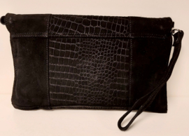 Leather Design clutch/gelegenheidstas suède art. 1482 Croco - zwart