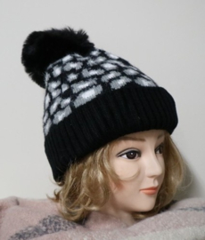 Damesmuts met pompom  art. 003-0018C - zwart/grijs/wit