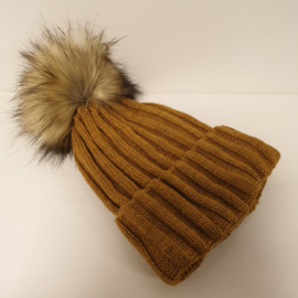 Fiebig damesmuts met pompom art. 54855 - cognac