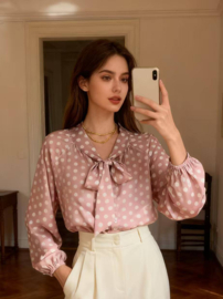 Damesblouse Polkadot art. 37069 - oudroze/wit