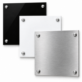 Naamplaatje Dybond (zwart, wit, rvs-look) vierkant 15 cm