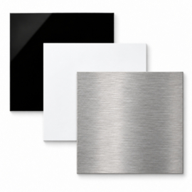 Naamplaatje Dybond (zwart, wit, rvs-look) vierkant 15 cm