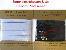 6mm breed Super elastiek  wit & zwart.