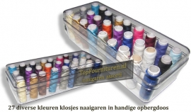 Sewing box met 27 klosjes handnaaigaren diverse kleuren
