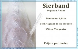 (SB300) Sierband met Organza roosjes kleuren wit & Turquoise