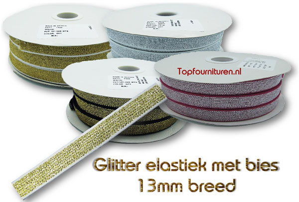 borst Uitputten Sleutel Glitterelastiek 13mm met bies | Glitterband elastisch 4cm breed |  Topfournituren.nl