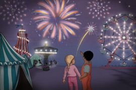 Belle & Boo postcard Midnight Fireworks