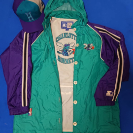 VINTAGE 90S STARTER WINDBREAKER + KNOPEN ( LICHT GEBRUIKT ) ( ZELDZAAM ) + STARTER LETTERMAN PET CHARLOTTE HORNETS