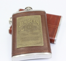 Stainless Steel Flask - Jim Beam - Brown Leather Look