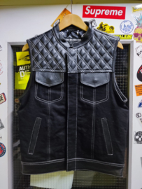 White Diamond Stitching MC Vest - Leather - Denim - Paisley Lining