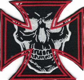 342 - Patch - Red Maltese Cross Flames with White Skull