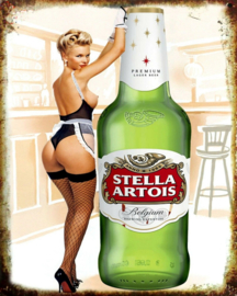 Vintage Pin-Up Metal Plate - Stella Artois Belgium Beer