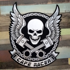 000 - back patch - Winged SKULL with crossed PISTONS and banner CAFE RACER