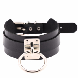 Neck Collar - Black Faux Leather & Ring