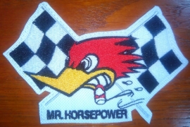PATCH - MR. HORSEPOWER with racing flags - Woody Woodpecker with cigar