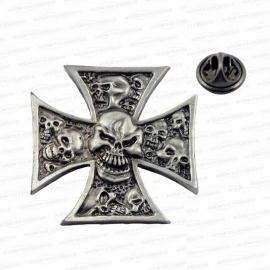 P101 - Pin - Iron Maltese Cross with Skulls (LARGE)