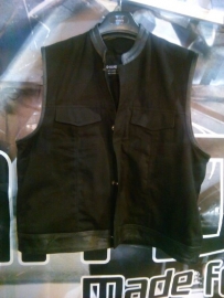 OUTLET: Black Denim Vest - Cut Off - SOA - High Mandarin Leather Neck