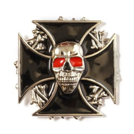 Belt Buckle - Biker - Red Eyed Skull & Black Cross - B098