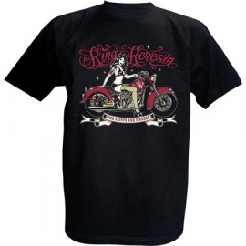 King Kerosin - Tattooed Pin up on Red Motorcycle - For Saints and Sinners - Black T-shirt