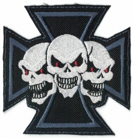 115 - Patch - Blue Maltese Cross with Three Red Eyed Skulls