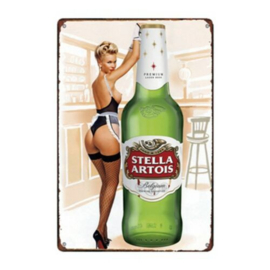 Vintage Pin-Up Metal Plate - Stella Artois Belgium Beer