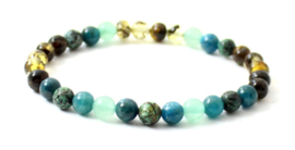 Barnsteen armbandje volwassenen olive met apatiet, aventurijn en Afrikaanse turquoise, stretch