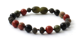 Barnsteen armbandje volwassenen olive raw met obsidiaan, rode jaspis en unakiet