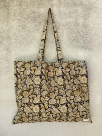 Blockprint floral tote bag golden flowers