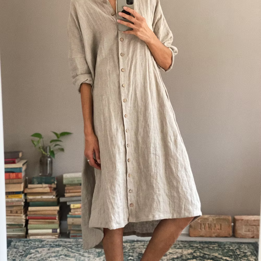 Simply Grey dames Linnen  doorknoop jurk Scarlett L