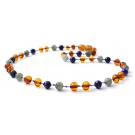 Barnsteen ketting baby/peuter cognac met lapis lazuli en labradoriet