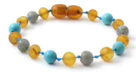 Barnsteen armbandje baby/peuter honey raw met labradoriet en turquoise