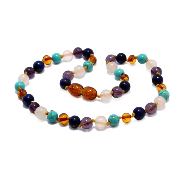 Barnsteen ketting baby/peuter cognac met rozenkwarts, turquoise, lapis lazuli en amethist