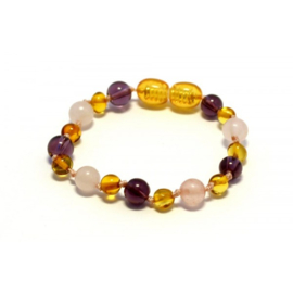 Barnsteen armbandje kind honey met amethist en rozenkwarts