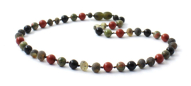 Barnsteen ketting volwassenen olive raw met rode jaspis en unakiet