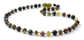 Barnsteen ketting volwassenen olive met luipaardjaspis en groene lace agaat, 50 cm